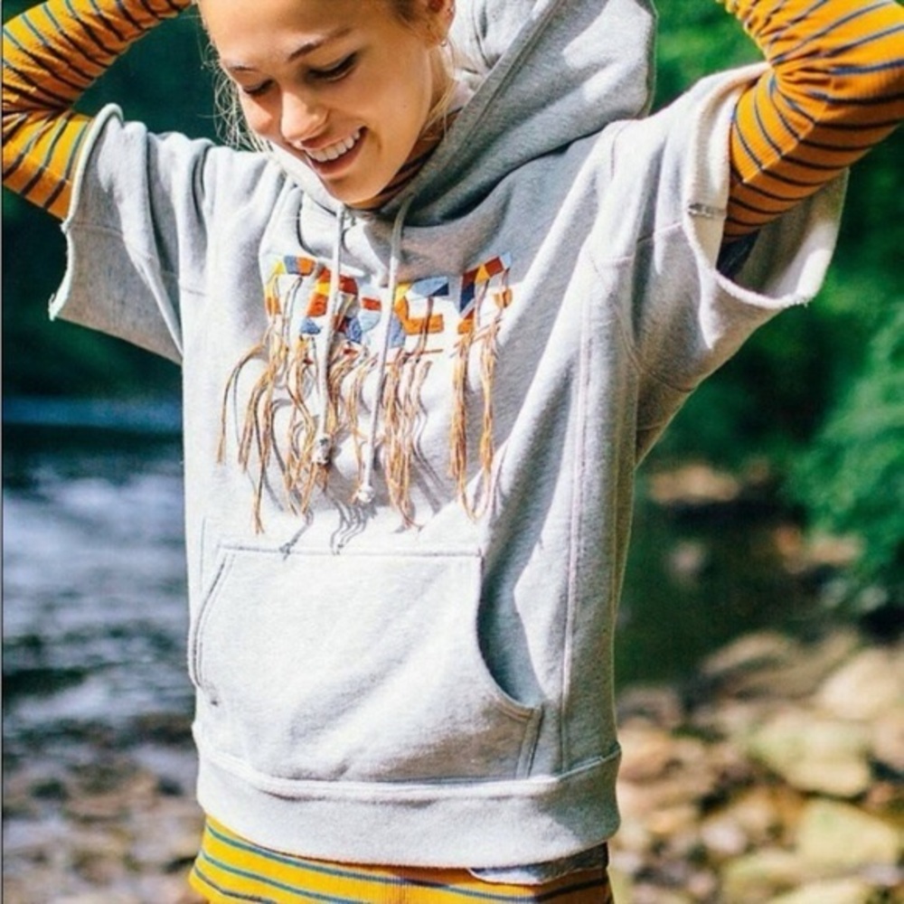 Free People FP Movement Free Style Fringe Pullover Hoodie Sweatshirt Gray Medium